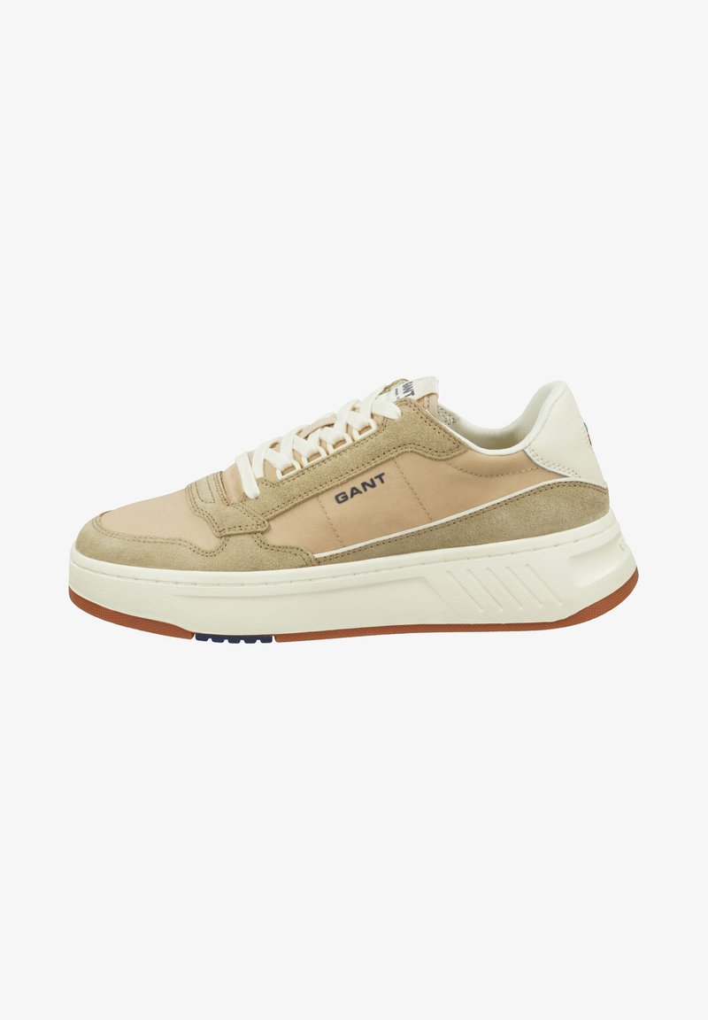 Beige und cremefarbene Sneakers aus glattem Leder und Wildleder, mit strukturierten Akzenten, einer dicken weißen Sohle und einer gemusterten Gummisohle.