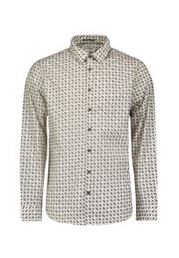 Gestreept langenv-shirt met een geometrisch ontwerp in paars en groen op een witte achtergrond, met een button-down kraag en knopen aan de voorkant.