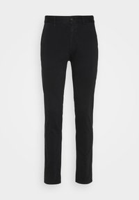 Black cotton trousers with a straight-leg cut, featuring a zipper fly and button closure, smooth texture, and minimal hardware accents.