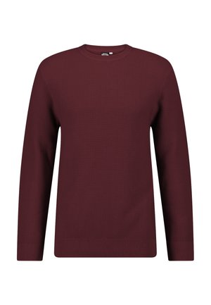 Bordeaux trui met een gestructureerd patroon, ronde hals en lange mouwen. Ribgebreide boorden en onderkant zorgen voor een nette afwerking.