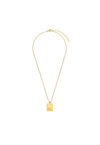 Collier en métal doré avec une chaîne fine et un pendentif rectangulaire gravé de "LE MONDE EST À VOUS." Surface lisse et design minimaliste.