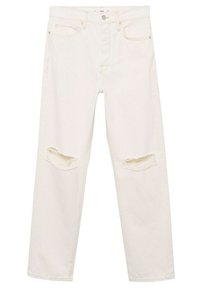 Bílé denimové džíny s vysokým pasem, rovný střih nohavic, dvě přední kapsy a dvě proděravělé kolena. Klasické zapínání na kovový knoflík.