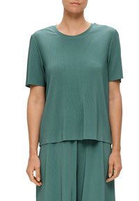 Zielony, prążkowany top z krótkim rękawem o okrągłym dekolcie i lekko skróconym dole, prezentujący miękką teksturę i luźny krój.