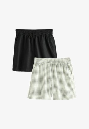 Dos pares de pantalones cortos con cintura elástica, uno negro sólido y otro de cuadros verde claro y blanco, exhibidos planos sobre un fondo blanco.