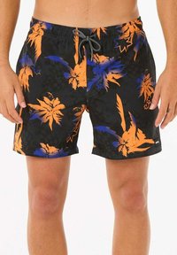 Shorts de bain noirs avec de vives motifs floraux orange et bleus, taille élastique avec cordon de serrage, et tissu léger.