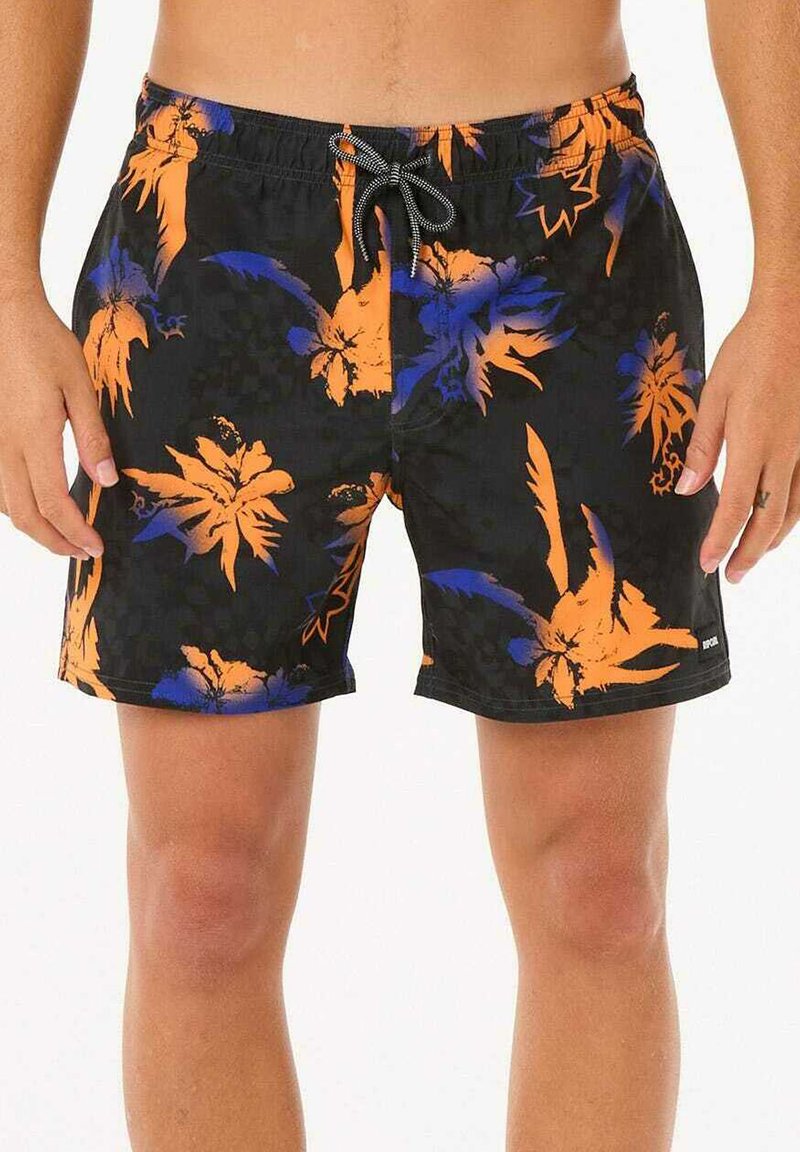 Schwarze Badehose mit lebhaften orangen und blauen Blumenmuster, elastischem Bund mit Kordelzug und leichtem Stoff.