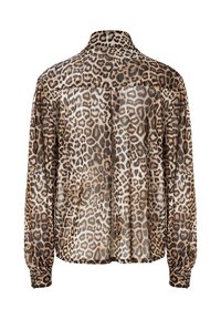 Long-sleeve blouse with brown and black leopard print pattern, buttoned cuffs, and a back yoke on a white background.