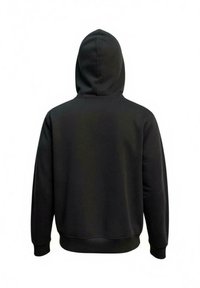 Sweatshirt à capuche noir au toucher lisse, avec une poche kangourou et des poignets et un bas côtelés, couture visible le long des bords.