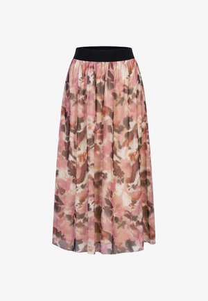 Maxikleid mit Blumenmuster aus weichem, leichtem Stoff. Verfügt über einen schwarzen Gummibund. Die Farben umfassen Rosatöne, Brauntöne und Creme.