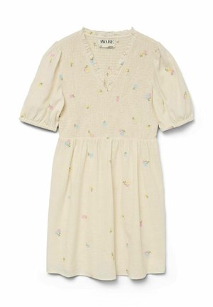 Kreemivärvi kleit lühikeste puhviga varrukatega, V-kaelusega ja volangiga bodi. Omab väikest lillelist tikandit pastellsetes värvides.