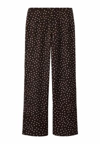 Pantalon à jambes larges en tissu noir avec une finition texturée, orné d'un motif de petits pois roses. Taille élastique pour plus de confort.