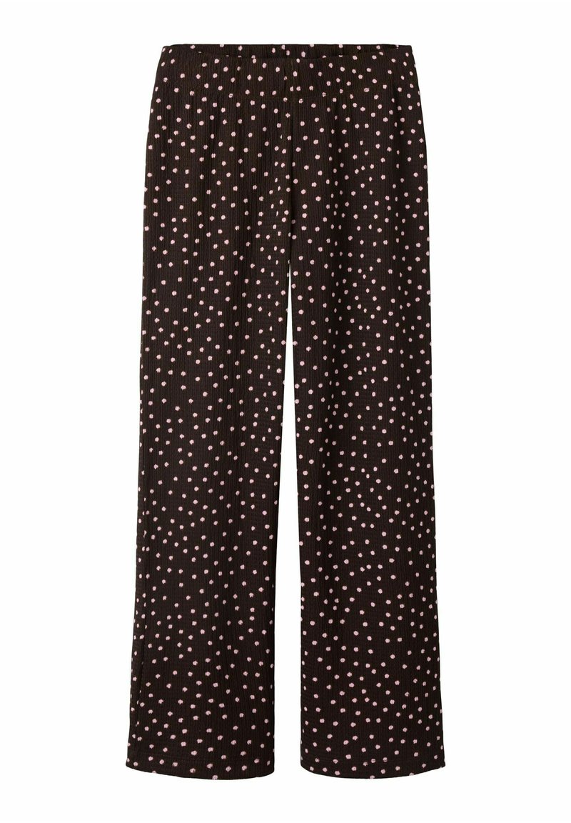 Pantalon à jambes larges en tissu noir avec une finition texturée, orné d'un motif de petits pois roses. Taille élastique pour plus de confort.