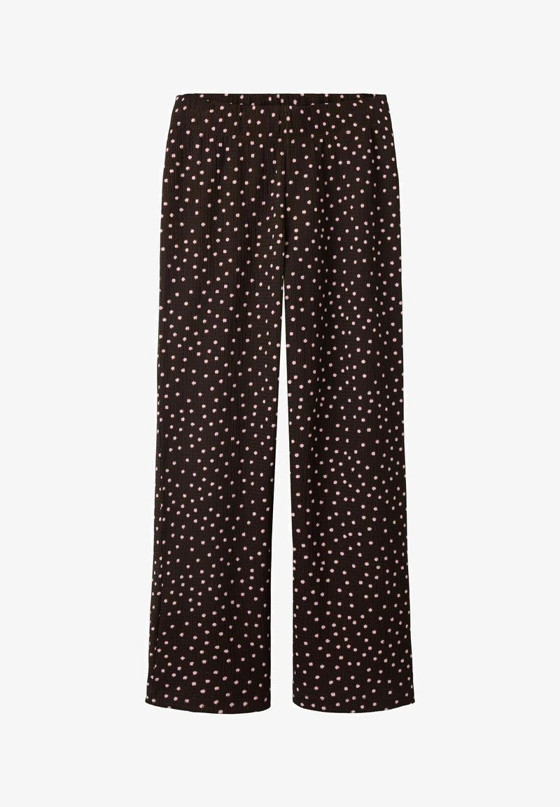 Pantalon à jambes larges en tissu noir avec une finition texturée, orné d'un motif de petits pois roses. Taille élastique pour plus de confort.