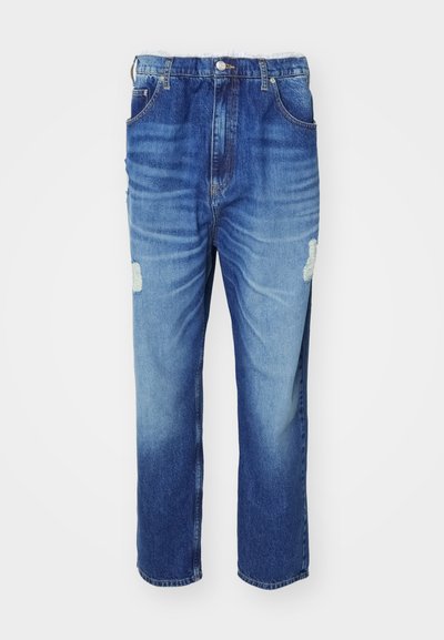 Μπλέ τζιν παντελόνι με ξεθωριασμένο φινίρισμα, διαθέτει φθαρμένη περιοχή στο γόνατο, πέντε τσέπες και ευθεία γραμμή.