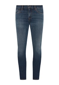 Jeans skinny in denim blu scuro con una finitura sbiadita, dotati di cinque tasche, chiusura a zip e dettagli di cucitura a contrasto.
