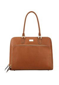 Tan leren handtas met een gestructureerde vorm, korte handvatten, gouden hardware accenten en een voorzak met rits. Kenmerkt zich door contrast stiksel.