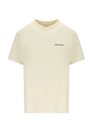 Beige kortærmet Carhartt T-shirt med rund hals og lille sort logo på venstre bryst.