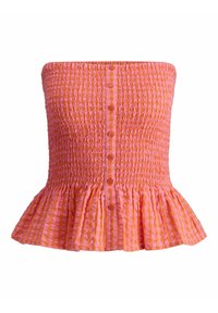 Roza gingham peplum bluzica z nabranim korzetom in gumbom spredaj, s teksturirano tkanino in razširjenim robom.