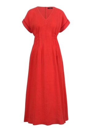 Red linen dress with a V-neck, short sleeves, and a fitted bodice that flows into a full skirt, featuring subtle pleats and a concealed zipper.