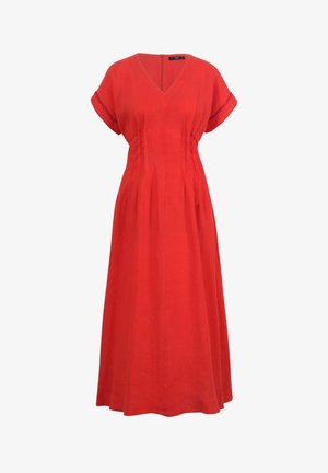 Červené lněné šaty s výstřihem do V, krátkými rukávy a přiléhavým topem, který přechází do plné sukně, obsahující jemné sklady a skrytý zip.