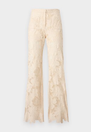Beige Spitzenhose mit floralem Muster, hoher Taille und leicht ausgestellten Beinen, mit Reißverschluss hinten.