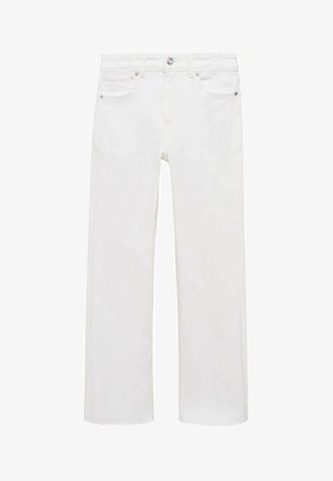 White denim jeans with a straight fit, featuring five pockets, a metal button closure, and frayed hem details at the ankle.