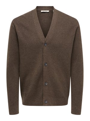 Rjav pleteni kardigan z V-izrezom, dolgimi rokavi in šestimi temnimi gumbi spredaj. Teksturirana tkanina z gladkim zaključkom.