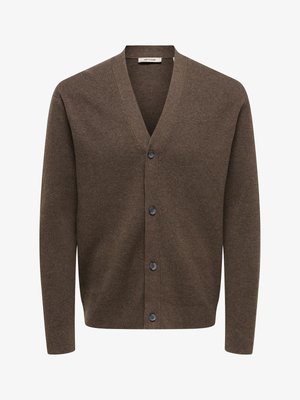 Rjav pleteni kardigan z V-izrezom, dolgimi rokavi in šestimi temnimi gumbi spredaj. Teksturirana tkanina z gladkim zaključkom.