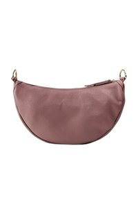 Rosa Lederhandtasche mit abgerundeter Form, strukturierter Oberfläche, Reißverschluss und goldfarbenen Beschlägen an den Griffansatzpunkten.