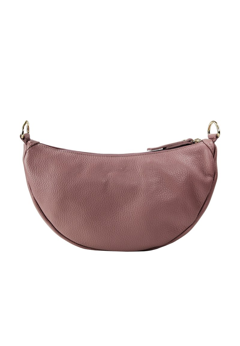 Rosa Lederhandtasche mit abgerundeter Form, strukturierter Oberfläche, Reißverschluss und goldfarbenen Beschlägen an den Griffansatzpunkten.