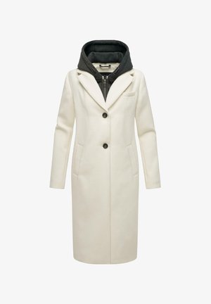 Langer cremefarbener Mantel mit taillierter Passform, ausgestattet mit einer dunkelgrauen Kapuze, einem Knopfverschluss, zwei Fronttaschen und glatter Textur.