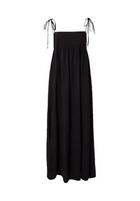 Schwarzes Maxi-Kleid mit Spaghettiträgern und verstellbaren Bindeschließen. Es hat ein tailliertes Oberteil und einen fließenden, strukturierten Rock.