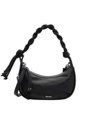 Borsa nera in pelle con tracolla intrecciata, texture liscia, forma arrotondata e chiusura con cerniera. Presenta dettagli in metallo color argento.