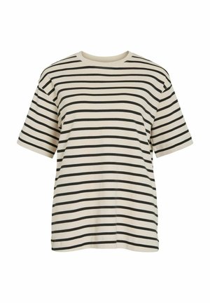Beige short-sleeve T-shirt with black horizontal stripes, crew neck, and relaxed fit, shown against white background.