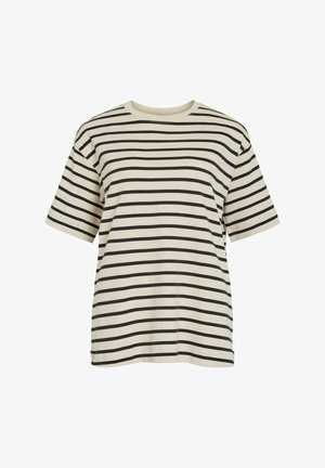 Beige short-sleeve T-shirt with black horizontal stripes, crew neck, and relaxed fit, shown against white background.