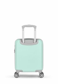 Harde koffer in muntgroen, met een uitschuifbare grijze handgreep, vier wielen en een ritssluiting. Glad oppervlak en compact ontwerp.