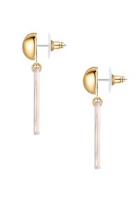 Pendientes de metal dorado con una parte superior esférica y un acento alargado transparente. Presenta un cierre de post y un soporte circular para los pendientes.