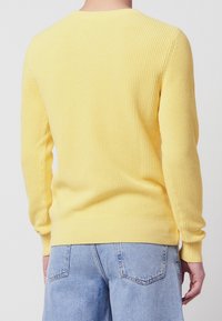 Gelber Strickpullover mit einem strukturierten Muster, langen Ärmeln und gerippten Bündchen. Kombiniert mit hellblauen Denim-Shorts.