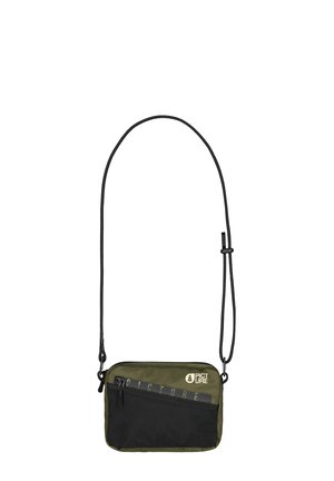 Olive green and black crossbody bag made of durable fabric, featuring a zippered main compartment, adjustable strap, and logo detail.