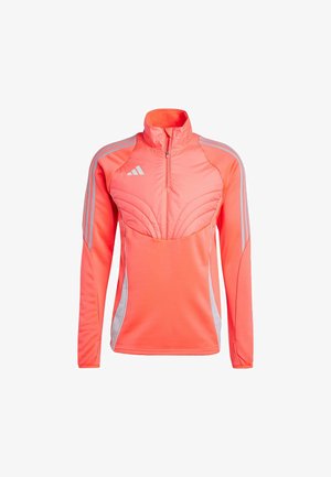 Langärmlige Sportjacke in leuchtendem Koralle mit hohem Kragen, Reißverschluss vorne und grauen Akzentstreifen an den Seiten und Schultern.