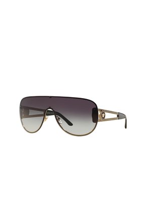 Occhiali da sole oversize con lenti grigio scuro a gradi che sfumano in grigio chiaro, dettagli in metallo color oro e un design del tempio con motivo.