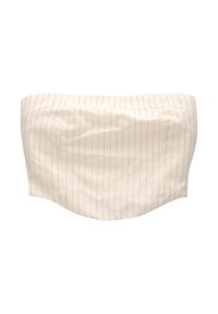 Top bandeau senza spalline in cotone beige chiaro con sottili righe verticali blu. Tessuto liscio con orlo arcuato e lati arricciati.