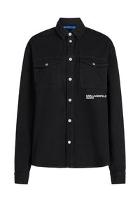 Black denim shirt with two chest pockets, silver snap buttons, and embroidered "KARL LAGERFELD JEANS" logo on the left side.