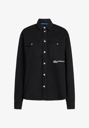 Camicia di jeans nera con due tasche sul petto, bottoni a pressione argentati e logo ricamato "KARL LAGERFELD JEANS" sul lato sinistro.