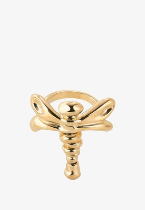 Bague en or au design sculptural et superposé, dotée d'un élément central rond et d'une base en spirale, texture lisse et finition réfléchissante.