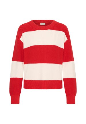 Piros-fehér csíkos kötött pulóver hosszú ujjakkal és kerek nyakkivágással, széles vízszintes színblokkokkal.