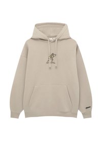 Beżowa bluza z kapturem z przednią kieszenią, ozdobiona grafiką na piersi oraz małym logo marki na rękawie. Miękki materiał.