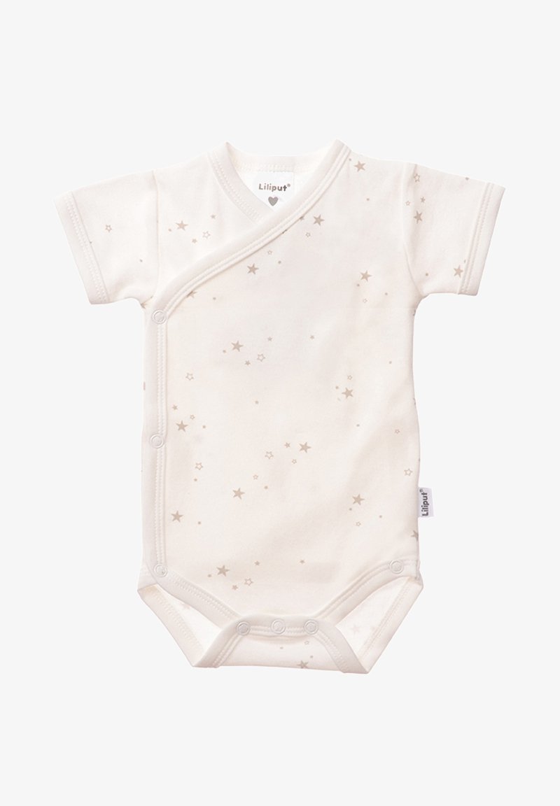 kurzärmliger, cremefarbener Baby-Body mit Wickeldesign, verziert mit hellbraunen Sternmustern und Druckknöpfen an der Seite.