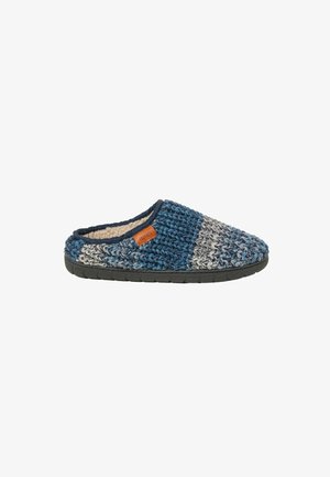 Woven blue and gray slipper with a textured surface, black rubber sole, and a small leather tag. Open back design for easy wear.