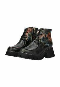 Bottes noires en cuir jusqu'à la cheville avec des semelles épaisses, des accents en tissu floral, des zips sur le côté et des lacets à l'avant.
